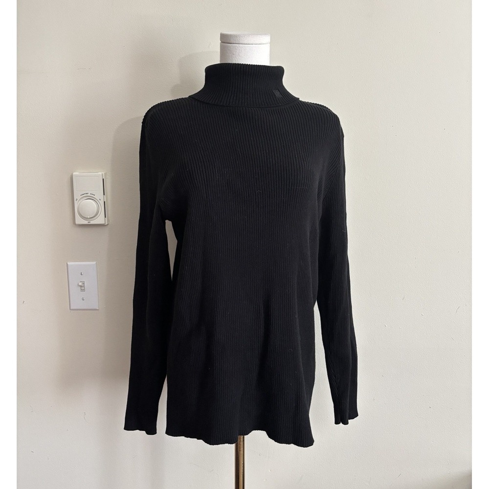 Ralph Lauren Womens Plus Size 1X Rib Knit Turtleneck Sweater Black 100% Cotton